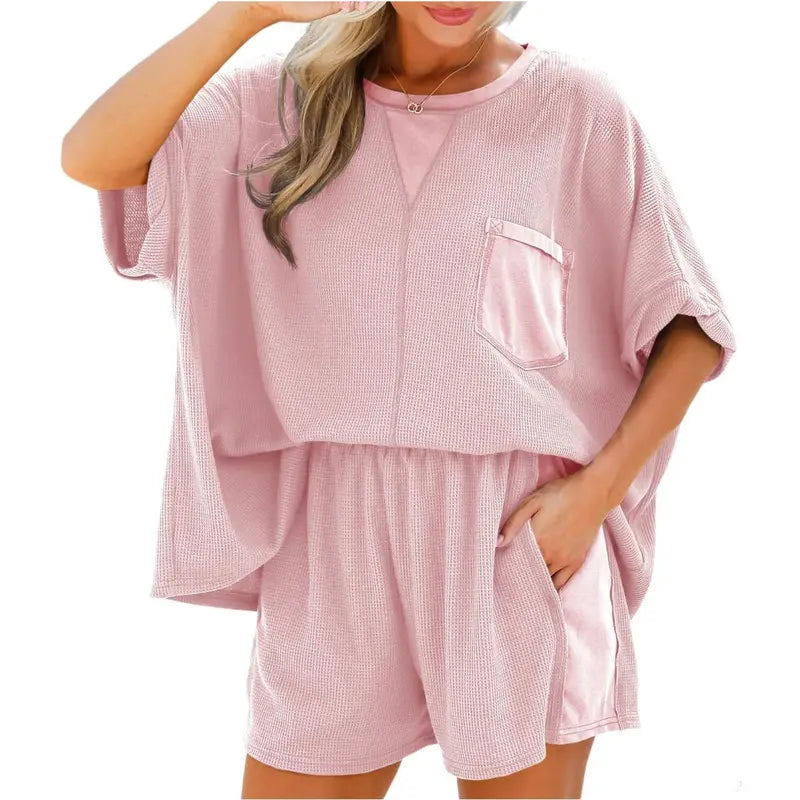 Imily Bela Womens Summer Waffle Knit 2 Piece Outfits Oversized T Shirt Casual Shorts Loungwear Short Sets