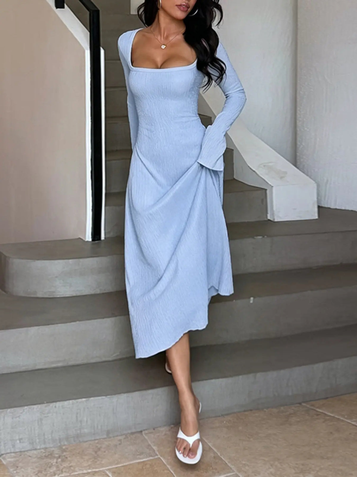 Women's Plain Lace Up Tie Back Flounce Sleeve Dress, 1 Count Chic Elegant Aesthetic Fit Square Neck Long Sleeve A Line Formal Wear Wedding Outfit Dress for Party Holiday Wedding Guest, Ladies Spring&Fall Clothes