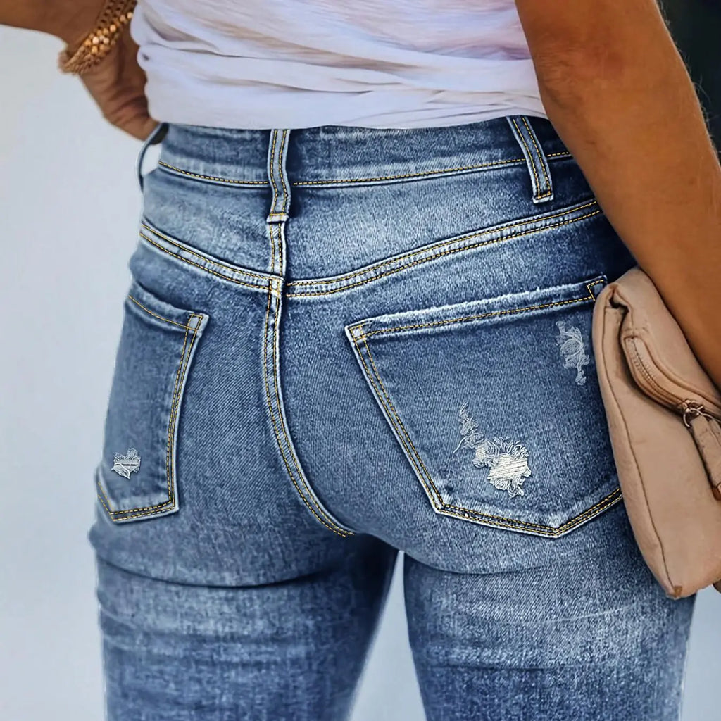 Women's Ripped Button Fly Skinny Stretchy Jeans, Distressed Skinny Jeans, Fashion Casual Denim Pants for Daily Outdoor Wear, Ladies Bottoms for All Seasons