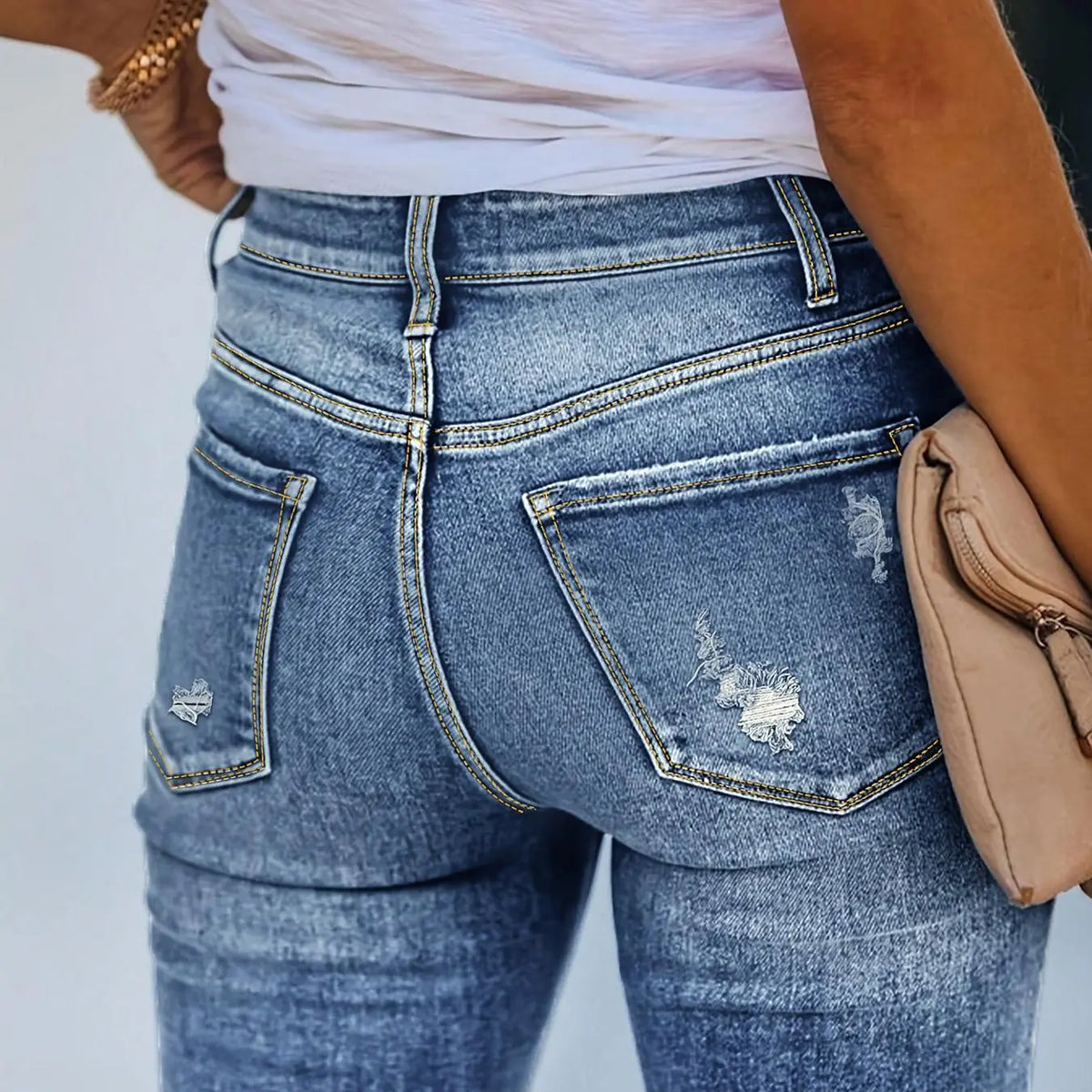 Women's Ripped Button Fly Skinny Stretchy Jeans, Distressed Skinny Jeans, Fashion Casual Denim Pants for Daily Outdoor Wear, Ladies Bottoms for All Seasons