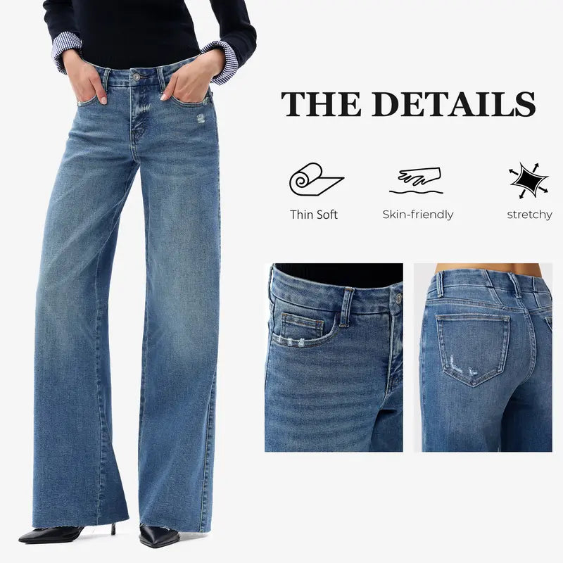 Freya ONESO Women's Mid Rise Wide Leg Denim Jeans Retro Streetwear Style Tummy Control Raw Hem Baggy Pants Comfortable Jeans Commuter Style Baggy High Stretchy Soft Breathable Spring& Summer DIY Inseams #SummerVibes