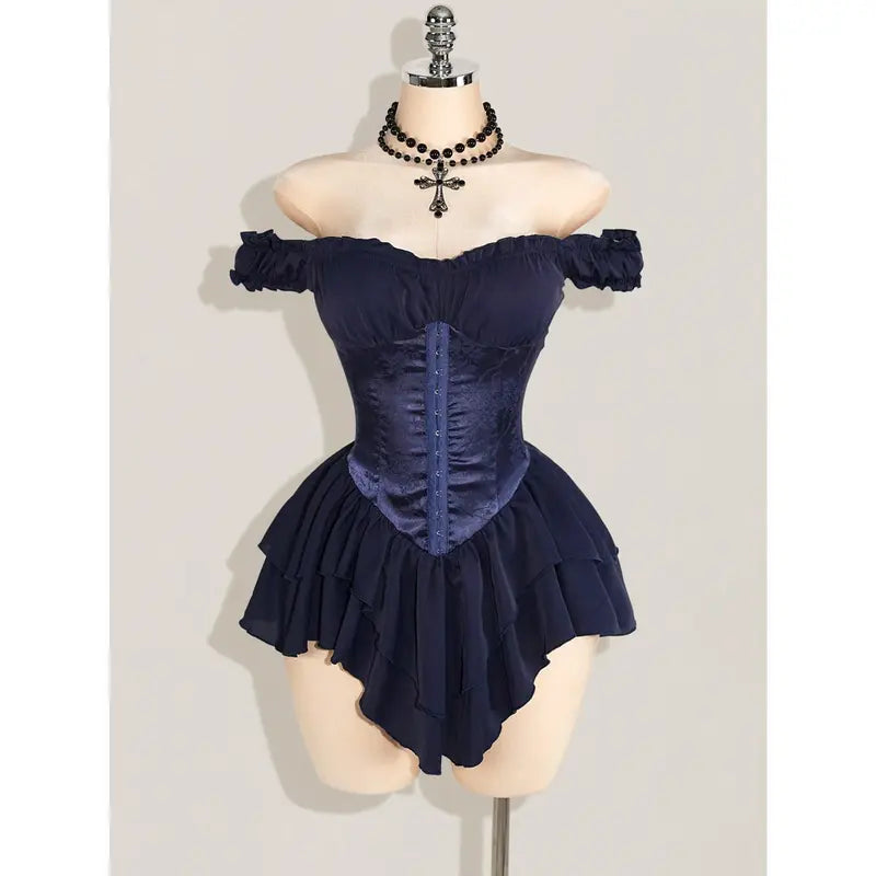 Women's Halloween Gothic Off-Shoulder Chiffon A-Line Mini Dress Costume, Ruched Jacquard Waist, Ruffle Trim, Dark Romantic Spooky Party Outfit