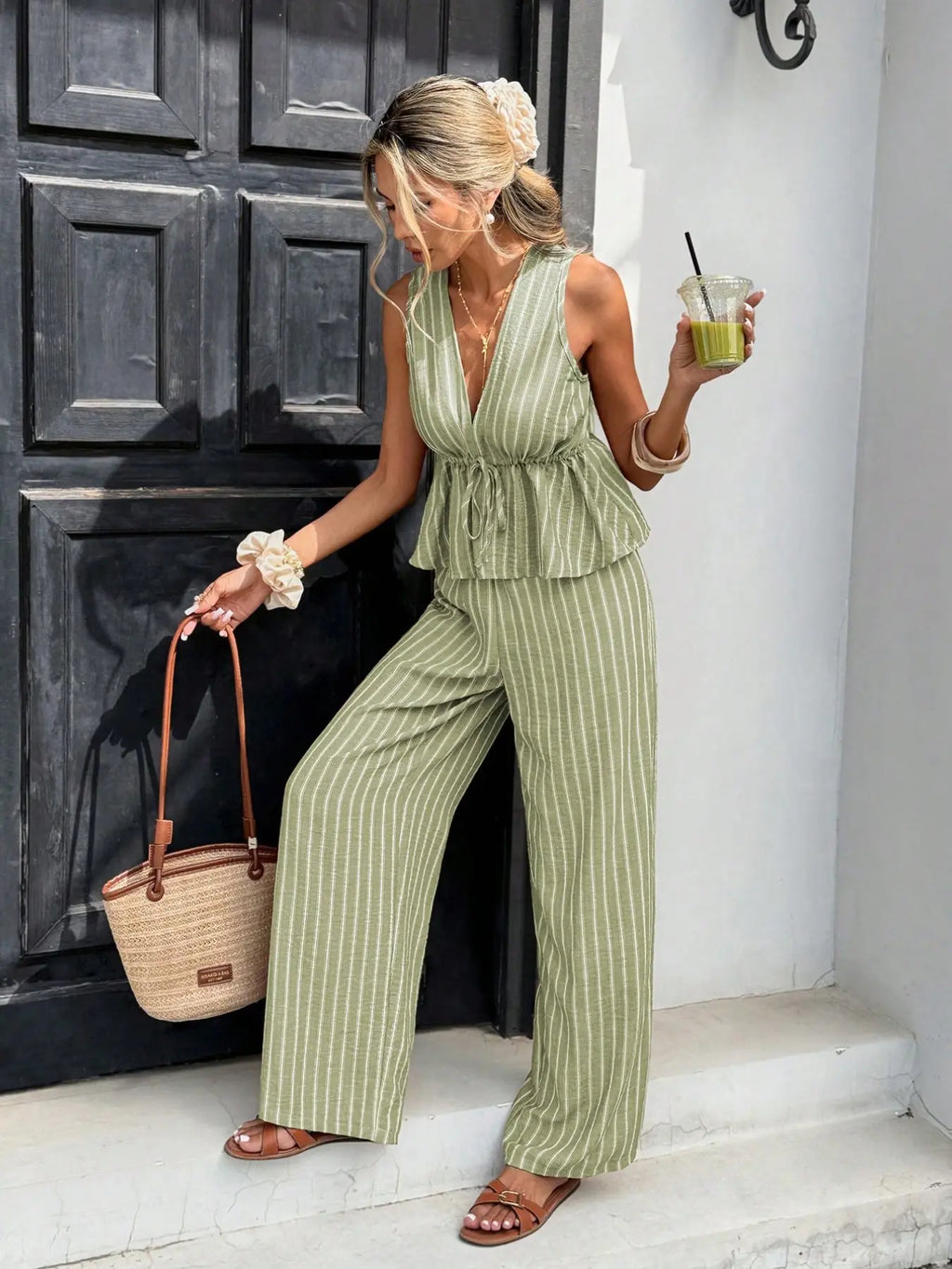 Women's Striped Tie-Waist Sleeveless Blouse Shirt Matching Set Outfit, Long Pants Casual Two-Piece, Vintage Bohemian Style, Commuter Wear, Elegance