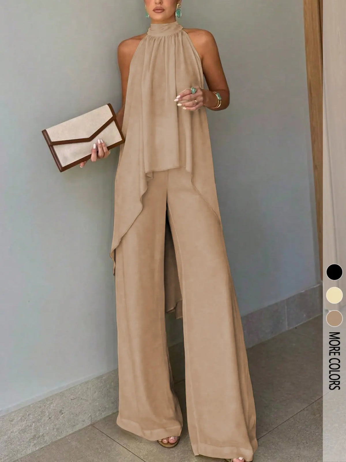 2-Piece Elegant Chic Casual Party Set, Summer Matching Set, Asymmetric-Hem Halter-Neck Sleeveless Top & Wide-Leg Pants, Women's Vacation & Date Outfit, Spring/Summer