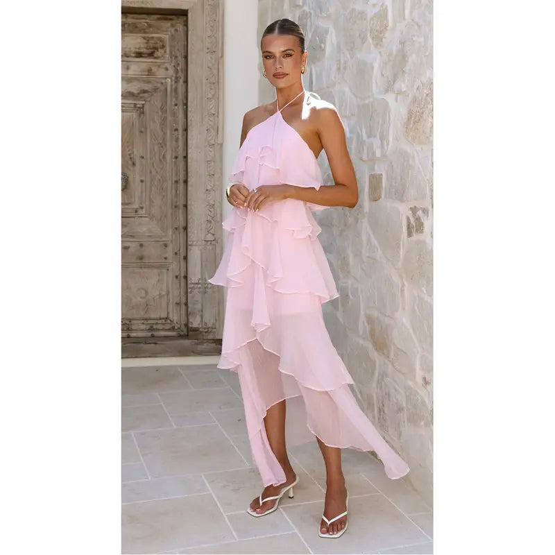 Aprilake Women's Summer Frill Halter Neck Flowy Chiffon Sundress A-Line Tiered Ruffle Long Maxi Formal Wedding Dress