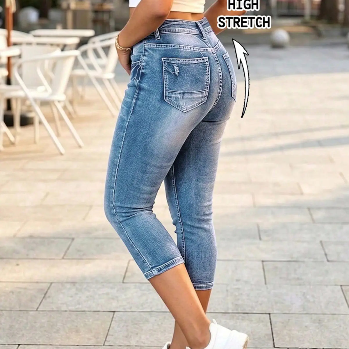 Women's High-Waisted Stretch Denim Capri Jeans Pants, Washed Blue, Tight Fit, Casual Style, Spring Summer Fall Daily Wear, Usa Fashion, Bottom, Fashion Jean Bottoms