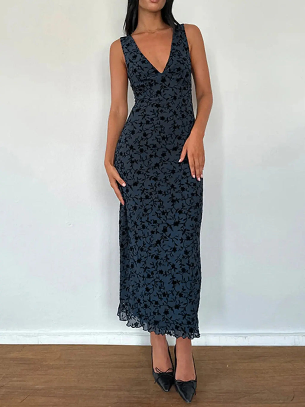 Women's Floral Print Deep V Neck A Line Dress, Elegant Aesthetic Sleeveless Plunge Neck Bodycon Long Dress, Ladies Clothes for Party Holiday Wedding Guest, Dresses