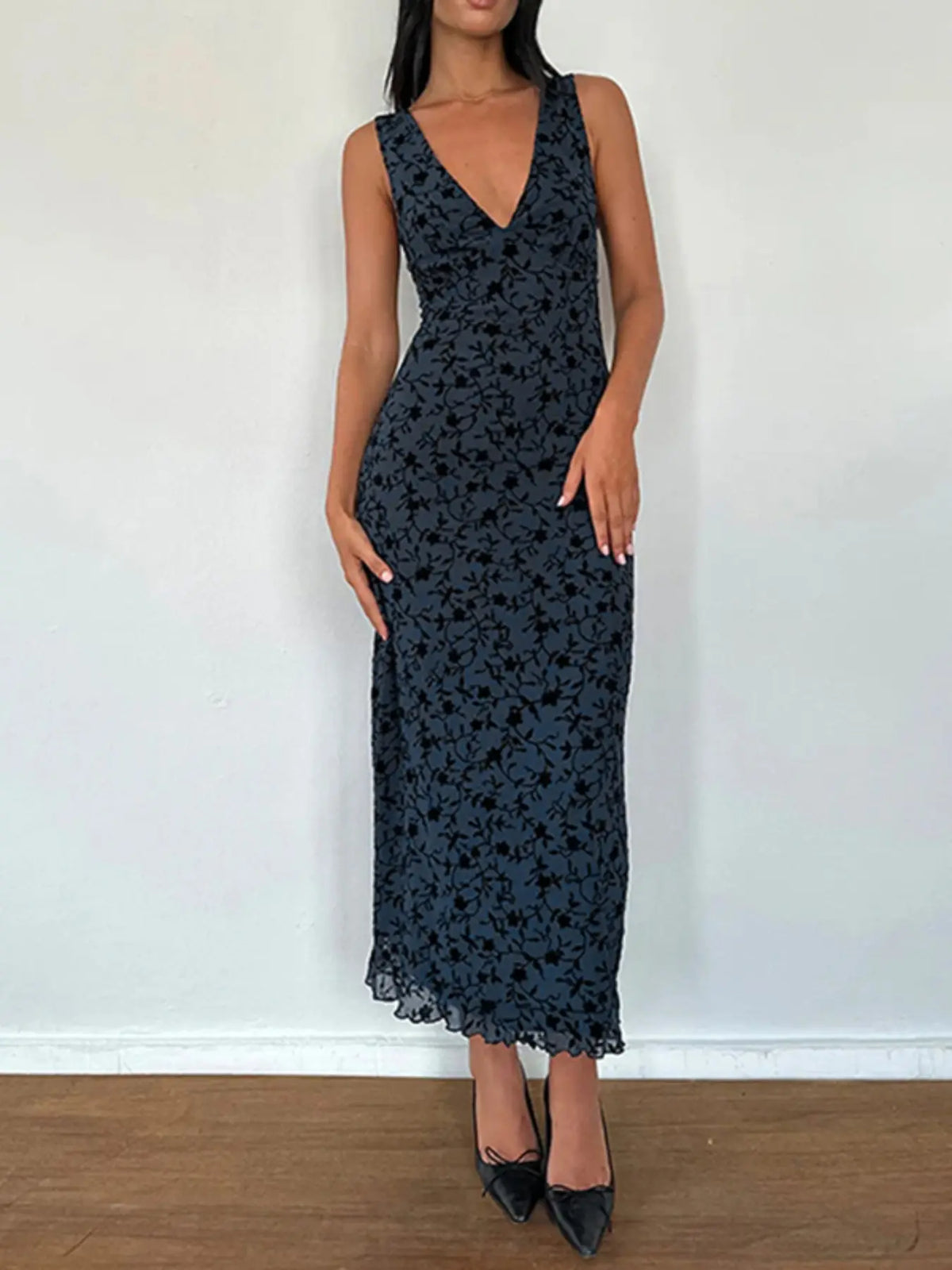 Women's Floral Print Deep V Neck A Line Dress, Elegant Aesthetic Sleeveless Plunge Neck Bodycon Long Dress, Ladies Clothes for Party Holiday Wedding Guest, Dresses