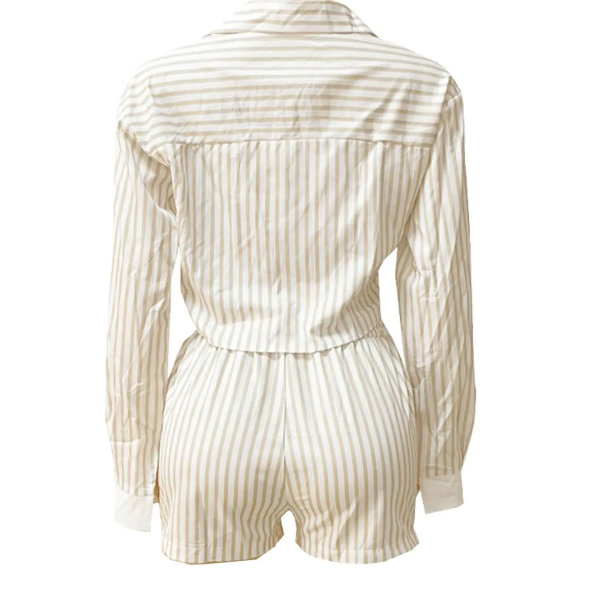 Women's Striped Print Button Long Sleeve Shirt and Shorts, Collared Fitted Top and Shorts for Daily Wear, Ladies Two-Piece Outfit for Spring and Summer, Casual Fashion Matching Set, Womenswear