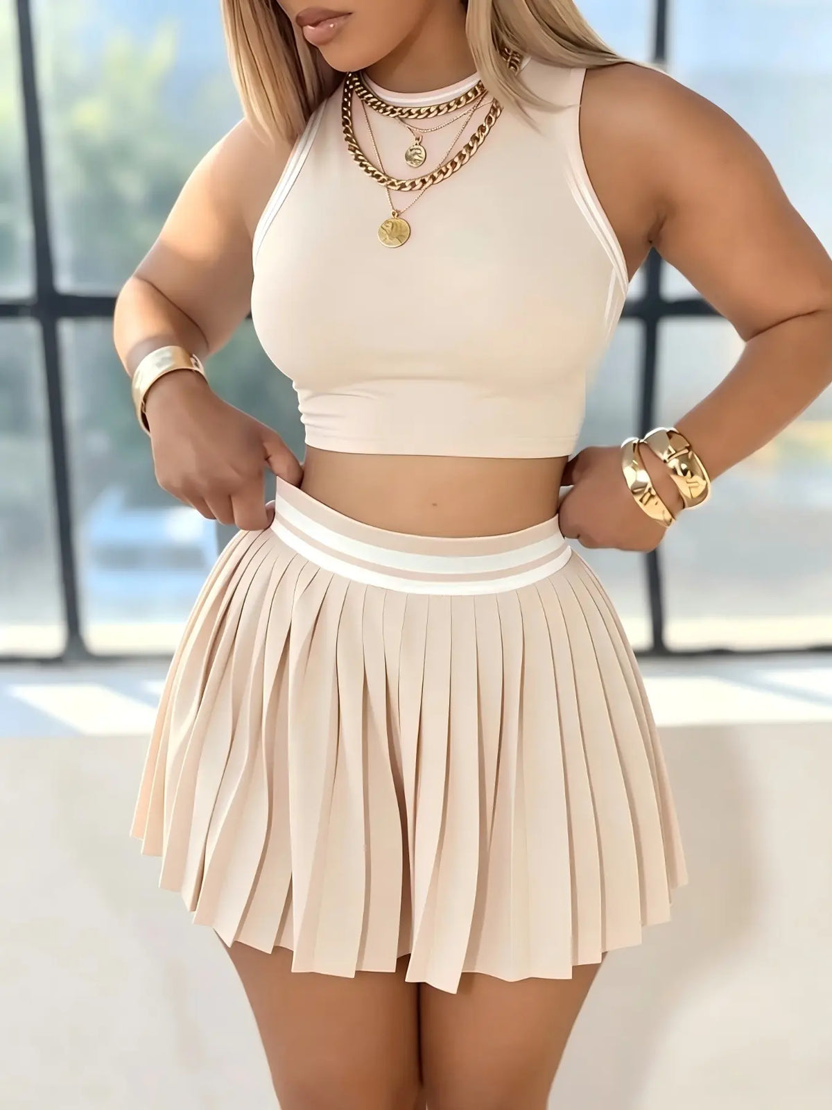 Women's New Sporty Casual Colorblock Pleated Skirt Set, Sleeveless Vest Two-Piece, Skirt And Top Set, Fashionable Summer Wear
