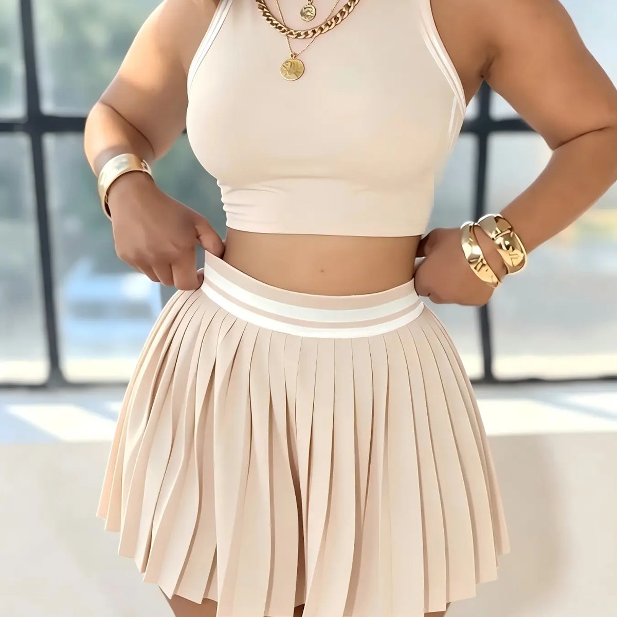 Women's New Sporty Casual Colorblock Pleated Skirt Set, Sleeveless Vest Two-Piece, Skirt And Top Set, Fashionable Summer Wear