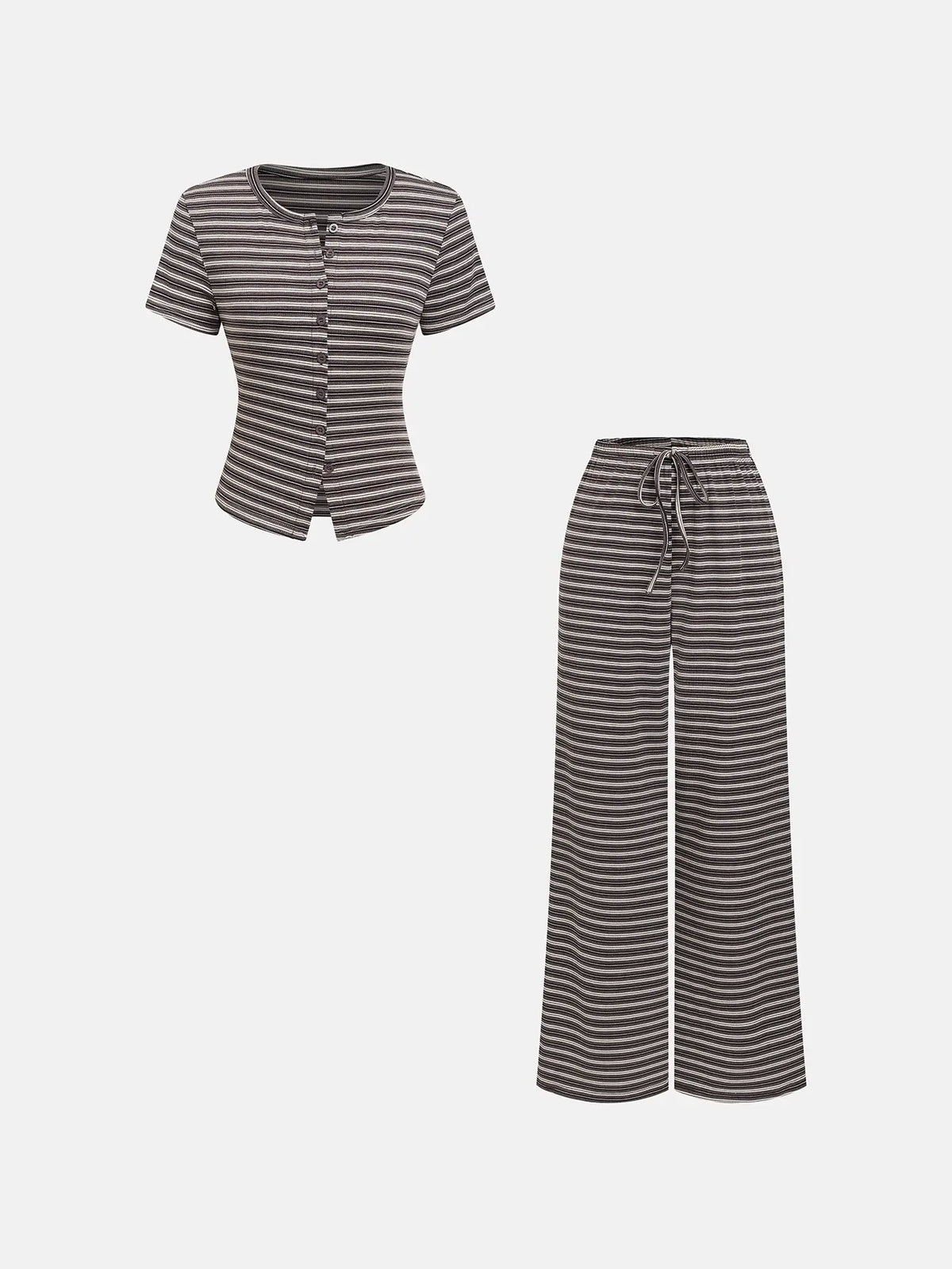Women's 2-Piece Casual Wide Leg Pants and Short Sleeve Round Neck Striped Knit Top Set, Perfect for Everyday Comfort and Style, Clothes Pants Sets
