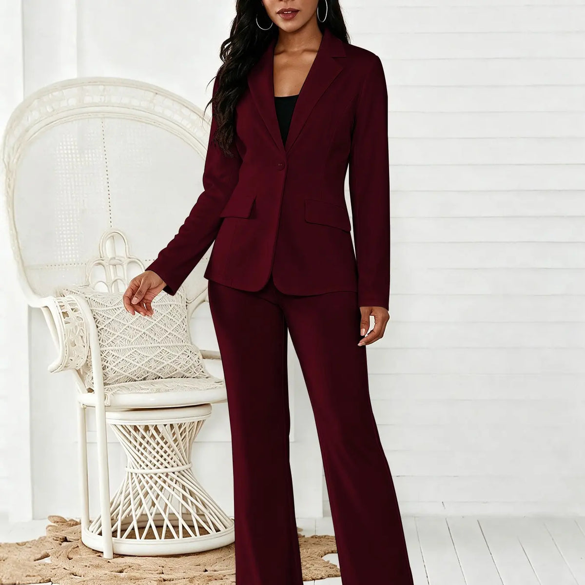 Women's Two-Piece Matching Set, Pants Set Outfit, Plain Button Lapel Fitted Blazer & Suit Pants, Business Casual Long Sleeve Outerwear & Trousers for Daily Outdoor Wear, All Seasons, Essential Business Attire, Work Casual Blazers, Corporate Attire