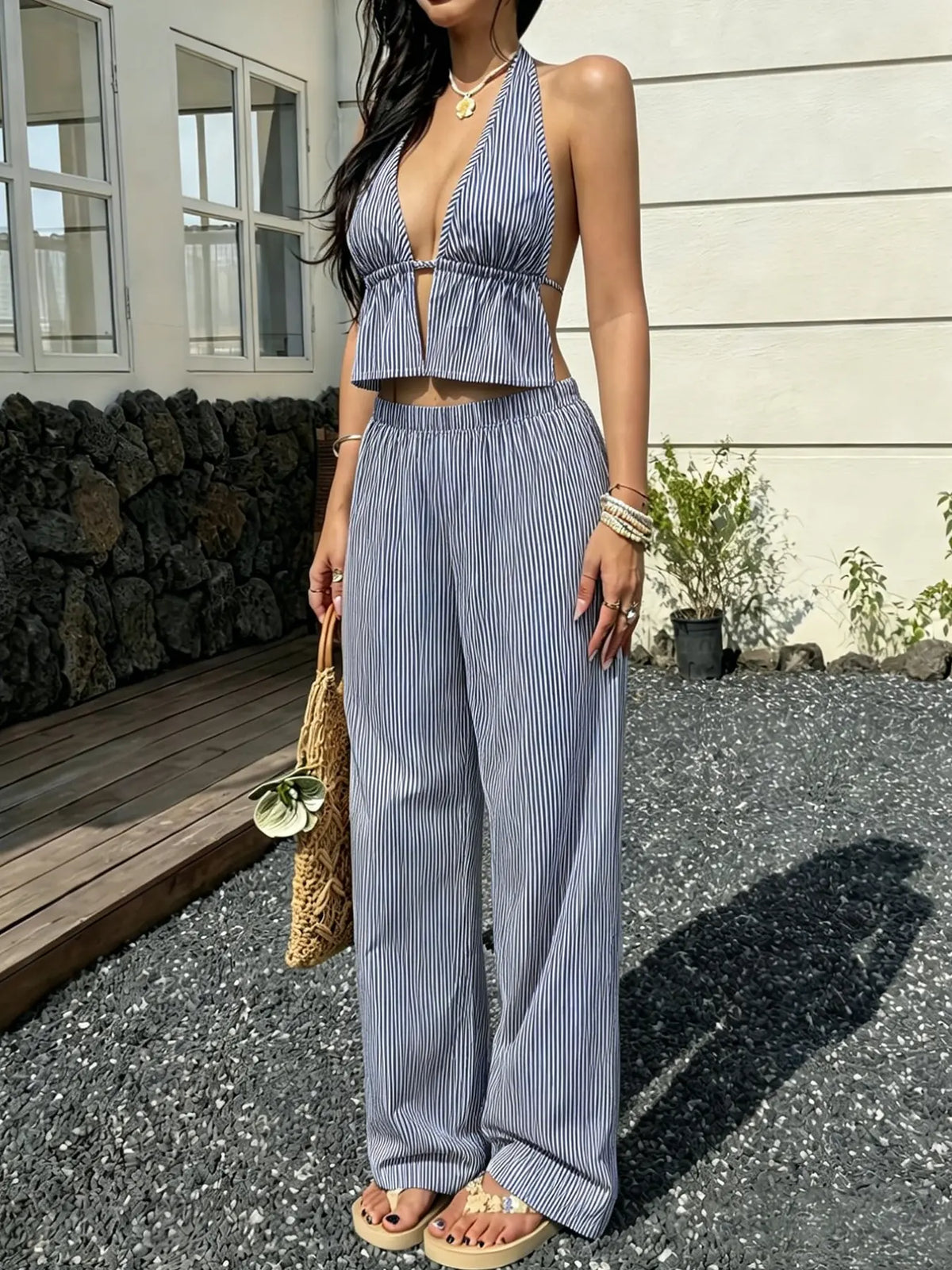 Women's Fashion Striped Halter Backless Top & Long Pants Set Outfit, Matching Outfit Set, Casual Chic Office Style, Perfect for Vacation, Date & Outdoor Wear