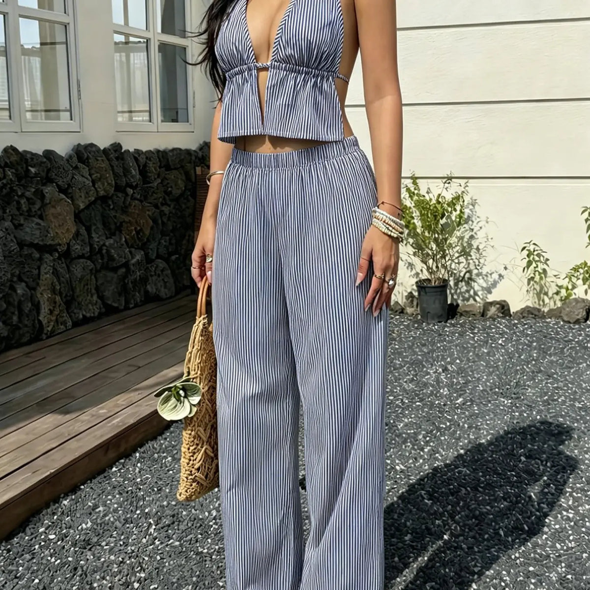 Women's Fashion Striped Halter Backless Top & Long Pants Set Outfit, Matching Outfit Set, Casual Chic Office Style, Perfect for Vacation, Date & Outdoor Wear