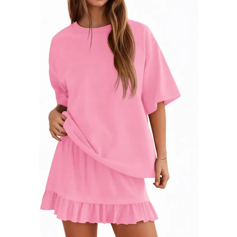 Yousify Women's 2-Piece Minimalist Basic Set - Half Sleeve Crew Neck Top & Casual Mini Skirt, Women's Clothes for Summer Vacation Loungewear, Easy Styling Casual Set