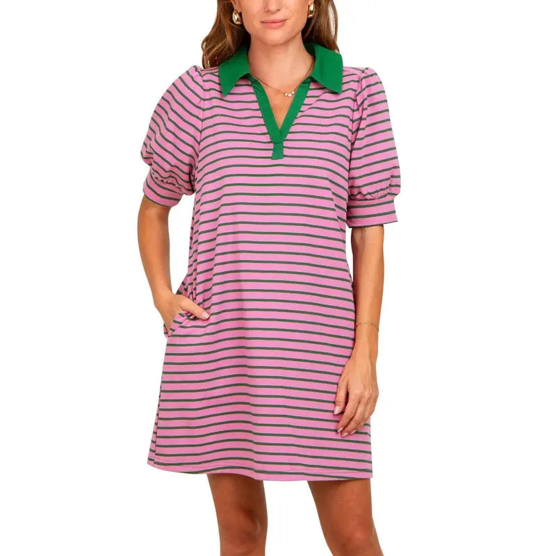 Imily Bela Women's Summer Lapel Collared V Neck Striped Dress Casual Puff Short Sleeve Polo Tshirt Dresses with Pockets