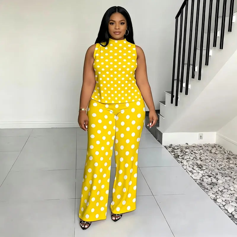 Women's 2026 New Plussize Printed 2-Piece Fashion Apparel Set - High Neck Sleeveless Flattering Tops, Wide Leg Pants, Chic Casual Women's Clothes Cute 2-Piece Sets