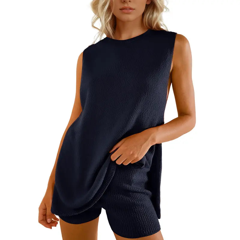 SCUSTY Women's 2 Piece Outfits Summer Summervibes Knit Sweater Set Sleeveless Tunic Top Matching Shorts Trendy Beach Vacation Sets Loungesetwomen Suits Clothes Womenswear  Basic Beige