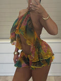 Women's Fashion Ethnic Floral Pattern Two-Piece Set, Sexy Backless Halter Neck Top & Loose Shorts, Trendy Street Style Ladies Clothing for Spring & Summer, Shortie Set