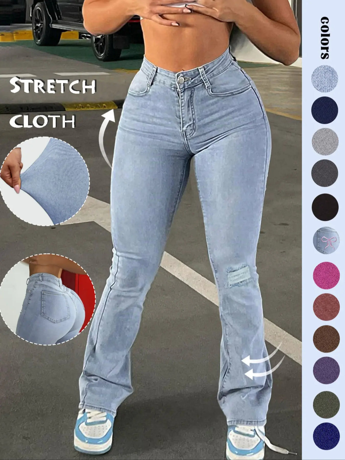 GILIPUR Y2K Women's Plain Ripped Bootcut Flared Fit Jeans, Casual High Waist Pocket Button Fly Bell Bottom Denim High Rise Pants for Daily Outdoor Wear, Medium Stretch Cotton Fabric, Flare Leg Jeans for All Seasons, Streetwear