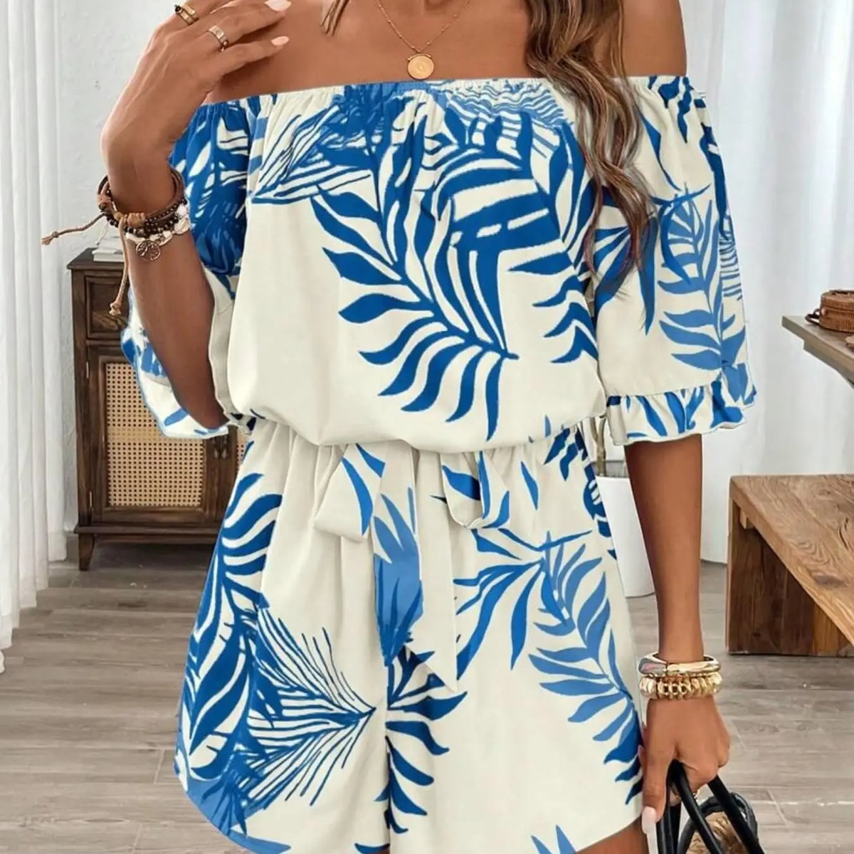 Women's Tropical Print Off-Shoulder Lightweight Romper, Bohemian Style, Ruffled Sleeve & Hem, Cinched Waist, Stylish & Comfortable Summer Wear