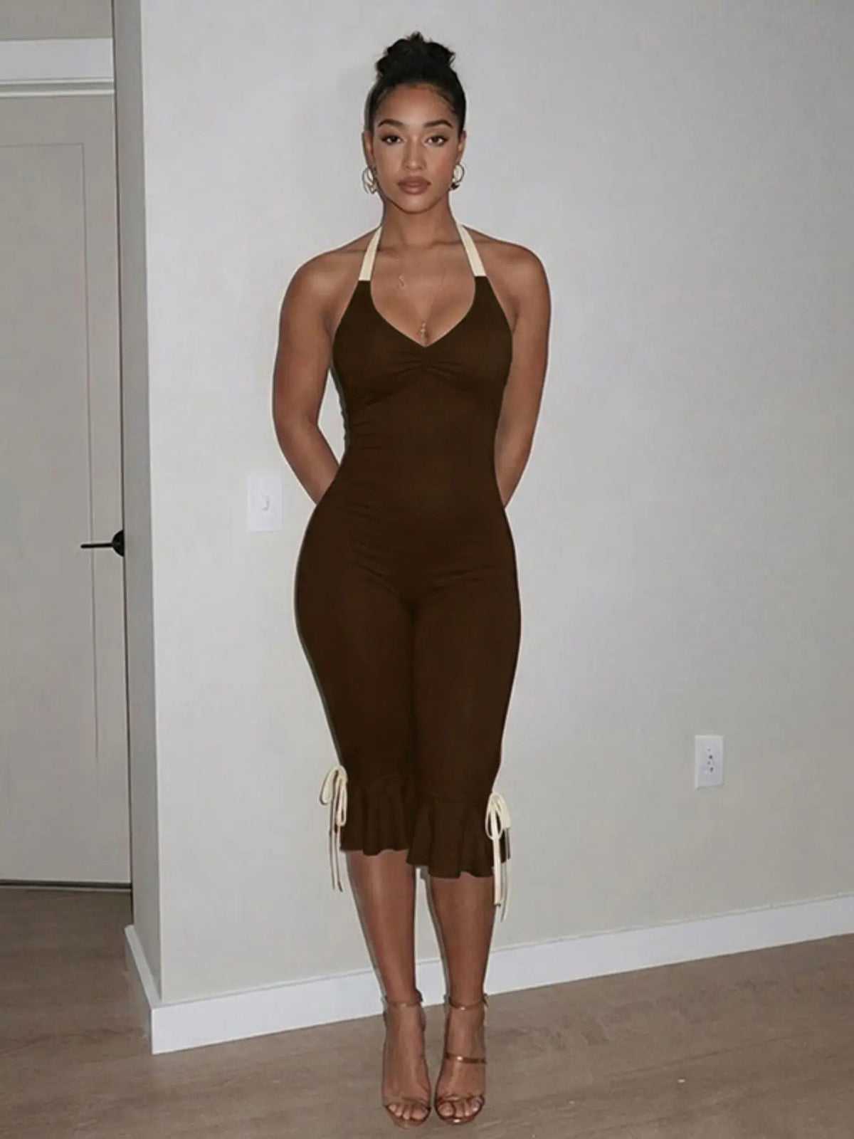 Women's Fashion Chic Fitted Solid Color Backless Halter Fashionable Jumpsuit, Casual Sleeveless Long Bodycon Romper, Stylish Comfortable Clothing