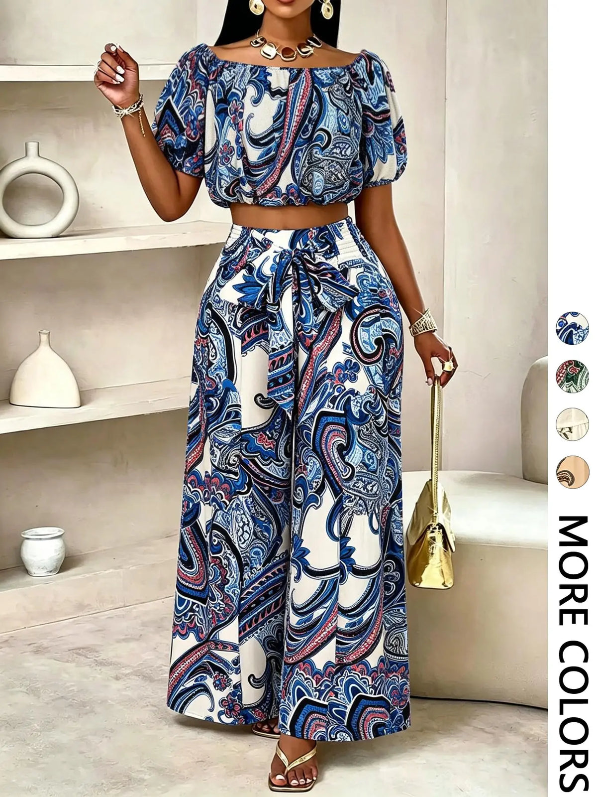 Women's Summer Paisley Print Bohemian Boho Vintage Chic Vacation Two-Piece Outfit, Two Pieces Outfits, Off-Shoulder Bubble Sleeve Crop Top + High Waist Adjustable Drawstring Wide Leg Pants