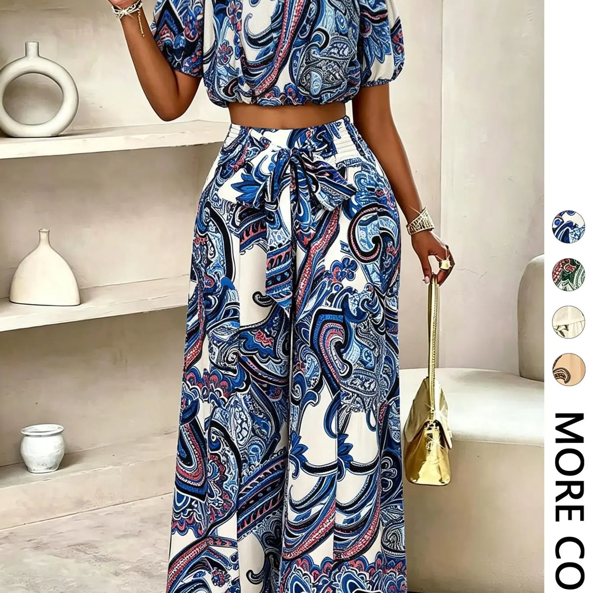 Women's Summer Paisley Print Bohemian Boho Vintage Chic Vacation Two-Piece Outfit, Two Pieces Outfits, Off-Shoulder Bubble Sleeve Crop Top + High Waist Adjustable Drawstring Wide Leg Pants