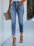 Women's Ripped Button Fly Skinny Stretchy Jeans, Distressed Skinny Jeans, Fashion Casual Denim Pants for Daily Outdoor Wear, Ladies Bottoms for All Seasons