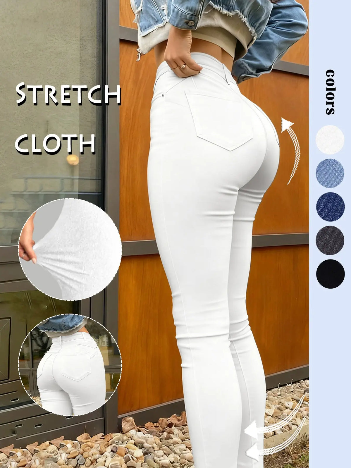 Women's High-Waisted Tight Denim Jeans, Casual Comfort Stretch Conical Jeans, Y2K Washed Blue Button Fly, Street Style Long Pants