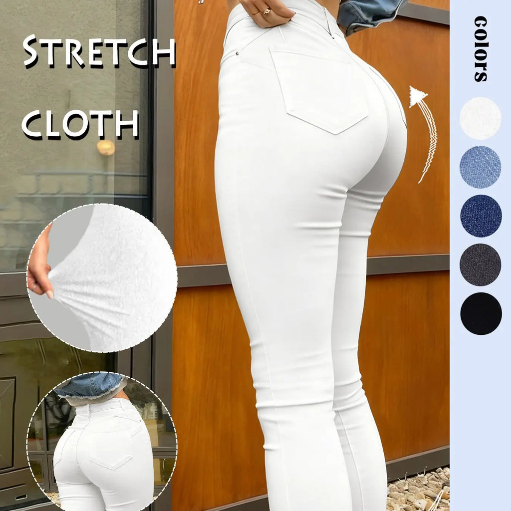 Women's High-Waisted Tight Denim Jeans, Casual Comfort Stretch Conical Jeans, Y2K Washed Blue Button Fly, Street Style Long Pants