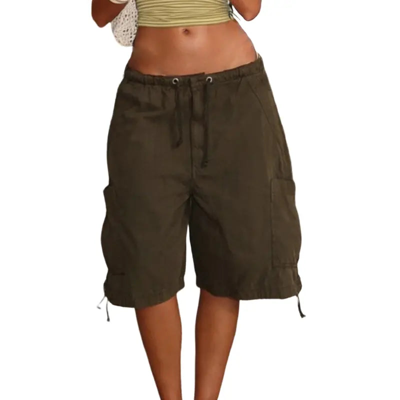 Women Fashion Denim Shorts Solid Color Six Pockets Drawstring Elastic Waist Jeans Shorts Summer Oversized Cargo Shorts