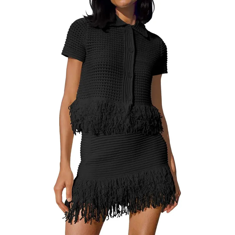 Fisoew Women's Crochet Knit 2 Piece Set, Short Sleeve Button Top with Matching Fringe Skirt, Summer Vacation Beach Cover Up, Shortsleeve, Women's Fashion SohoChic