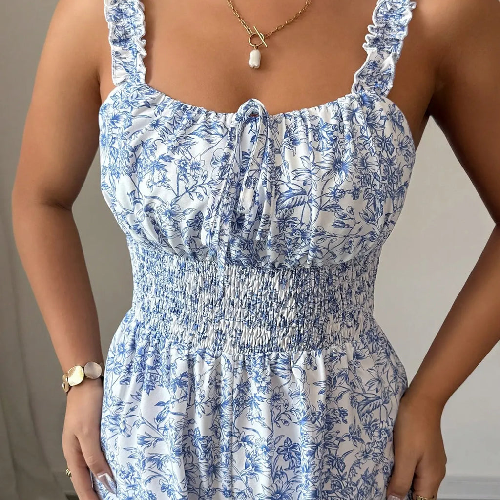 Printed Plant Ruffle Trim Halter Neck Elastic Waist Romper Stylish and Comfortable One-Piece, Perfect for Everyday Casual Wear Ruffled Romper