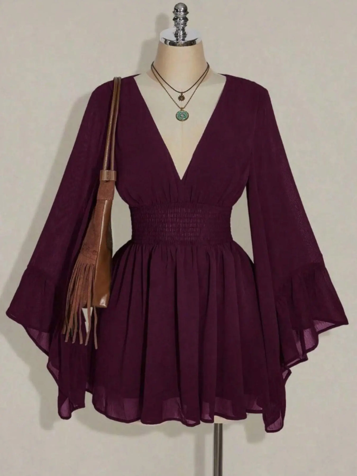 Women's Gothic Style V Neck Waist Cinched Dress, Elegant Long Sleeve Mini Dress, Autumn/winter Lantern Sleeve Dress, Gothic Look #GLOBAL PICKS