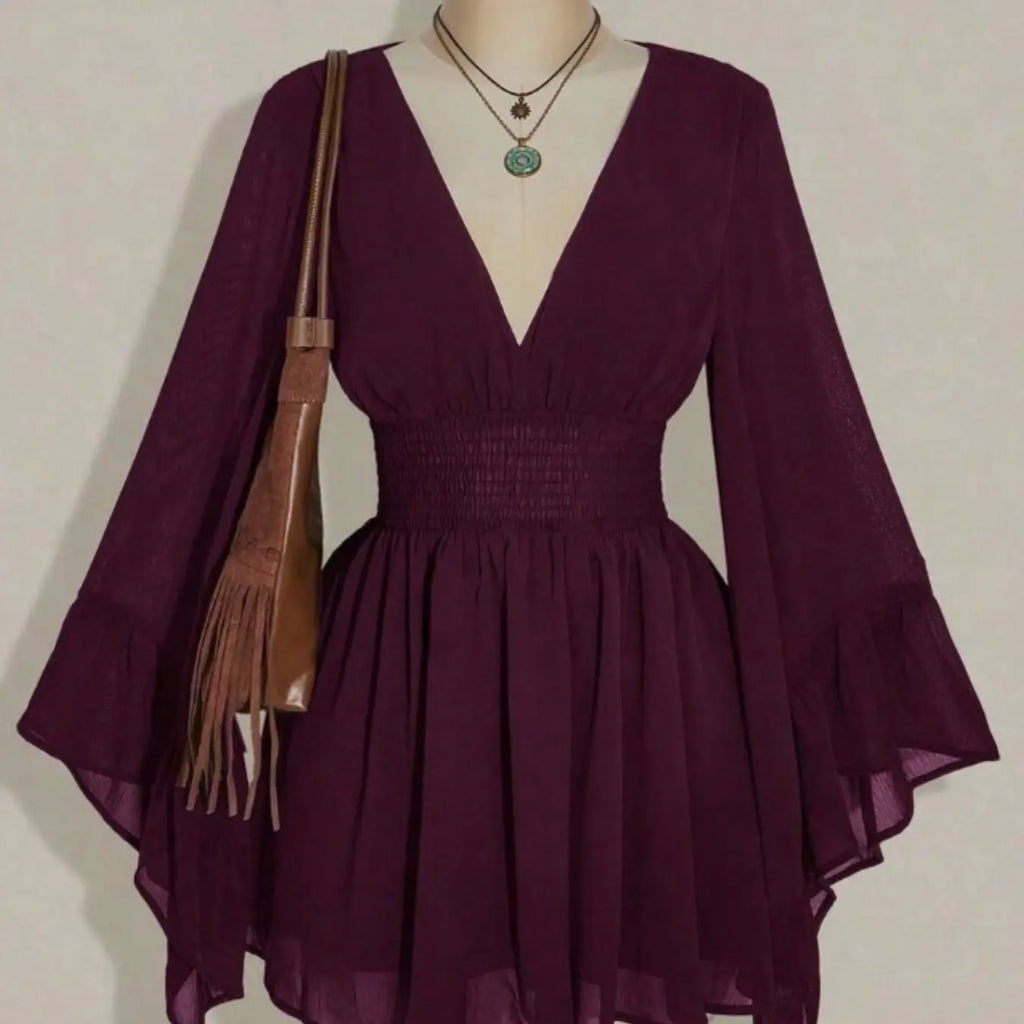 Women's Gothic Style V Neck Waist Cinched Dress, Elegant Long Sleeve Mini Dress, Autumn/winter Lantern Sleeve Dress, Gothic Look #GLOBAL PICKS