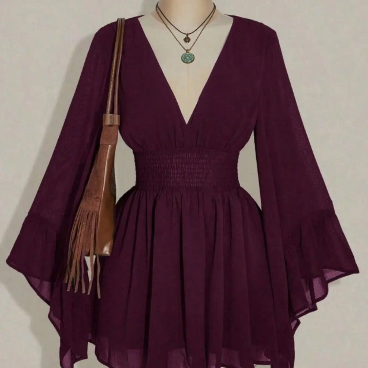 Women's Gothic Style V Neck Waist Cinched Dress, Elegant Long Sleeve Mini Dress, Autumn/winter Lantern Sleeve Dress, Gothic Look #GLOBAL PICKS