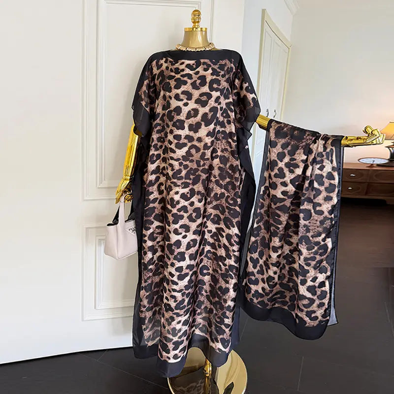 Laruda-Original Vibe Women's Fashion 2-Piece Pink Leopard Print Long Moo Moo Robe Set - Lightweight Woven Fabric Dress, Exotic Scarf Headband, Cute 2-Piece Sets, Sun Protection Beach Wear, Clothes for Women