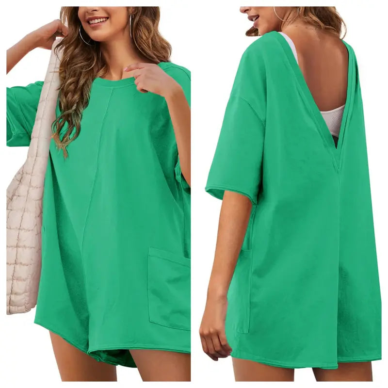 SCUSTY Women's Oversized Rompers Back V Neck Jumpsuits Casual Summervibes Athletic Workout Tee Onesie Activewear