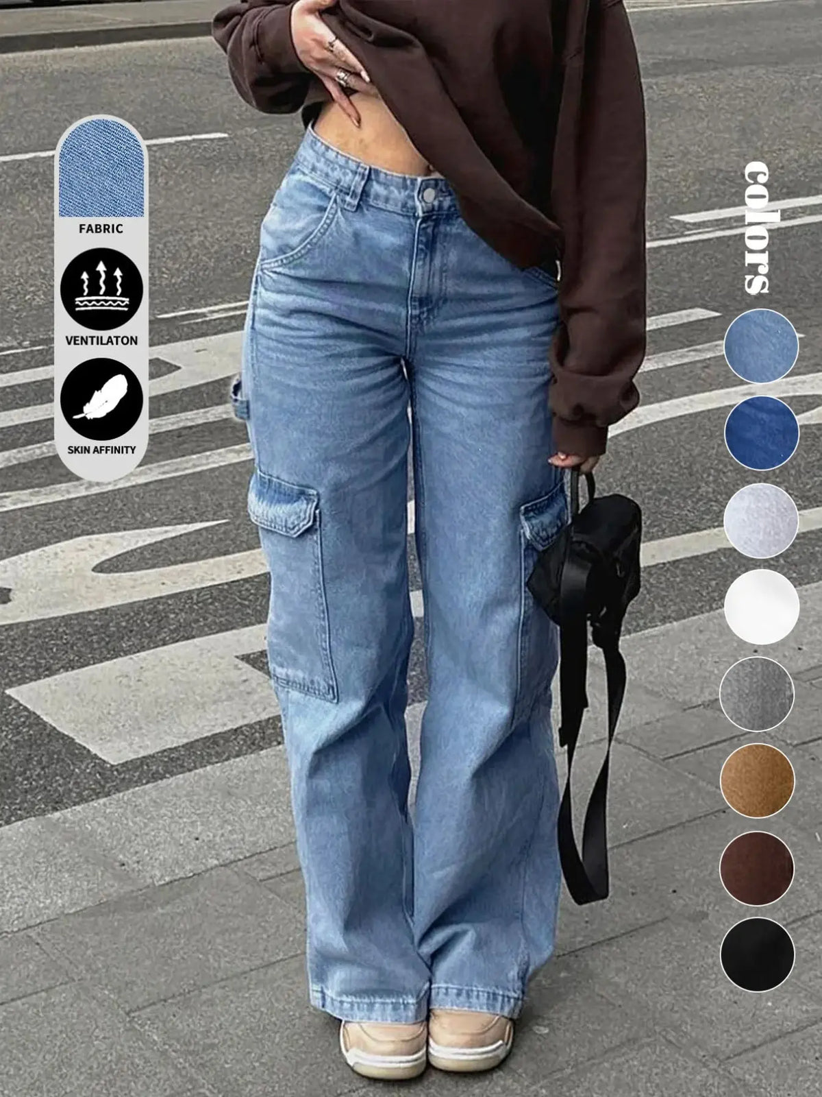 Teen Girl Denim Cargo Pants with Pockets, Loose Legged Pants, Trendy & Comfortable Casual Design, Ideal for Daily Wear & Outdoor Adventures, Cargo Jeans