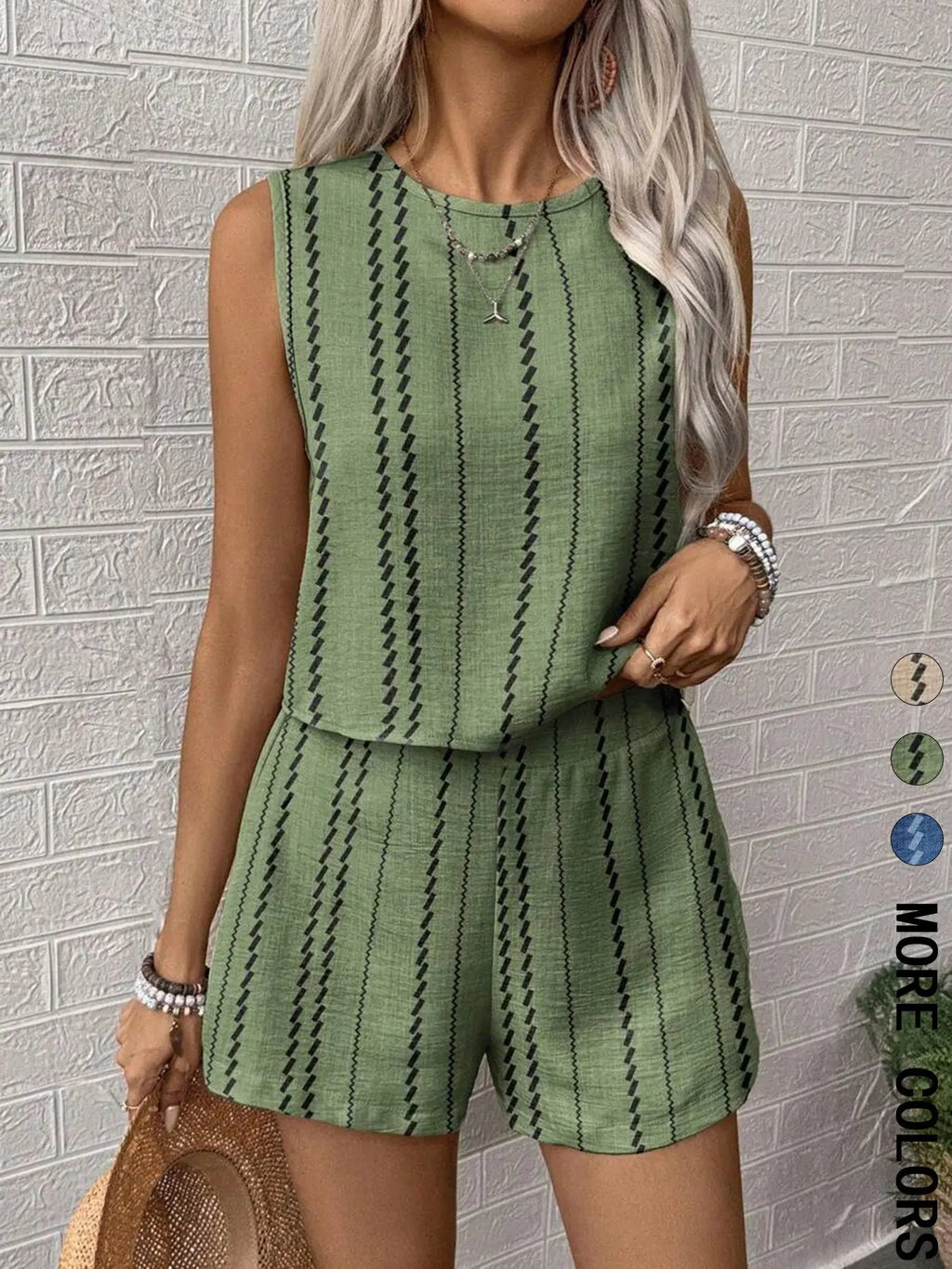 Women's Striped Two-Piece Set, Sleeveless Round Neck Crop Tank Top and Shorts, Ladies Clothes for Daily Casual Wear, Summer Matching Set