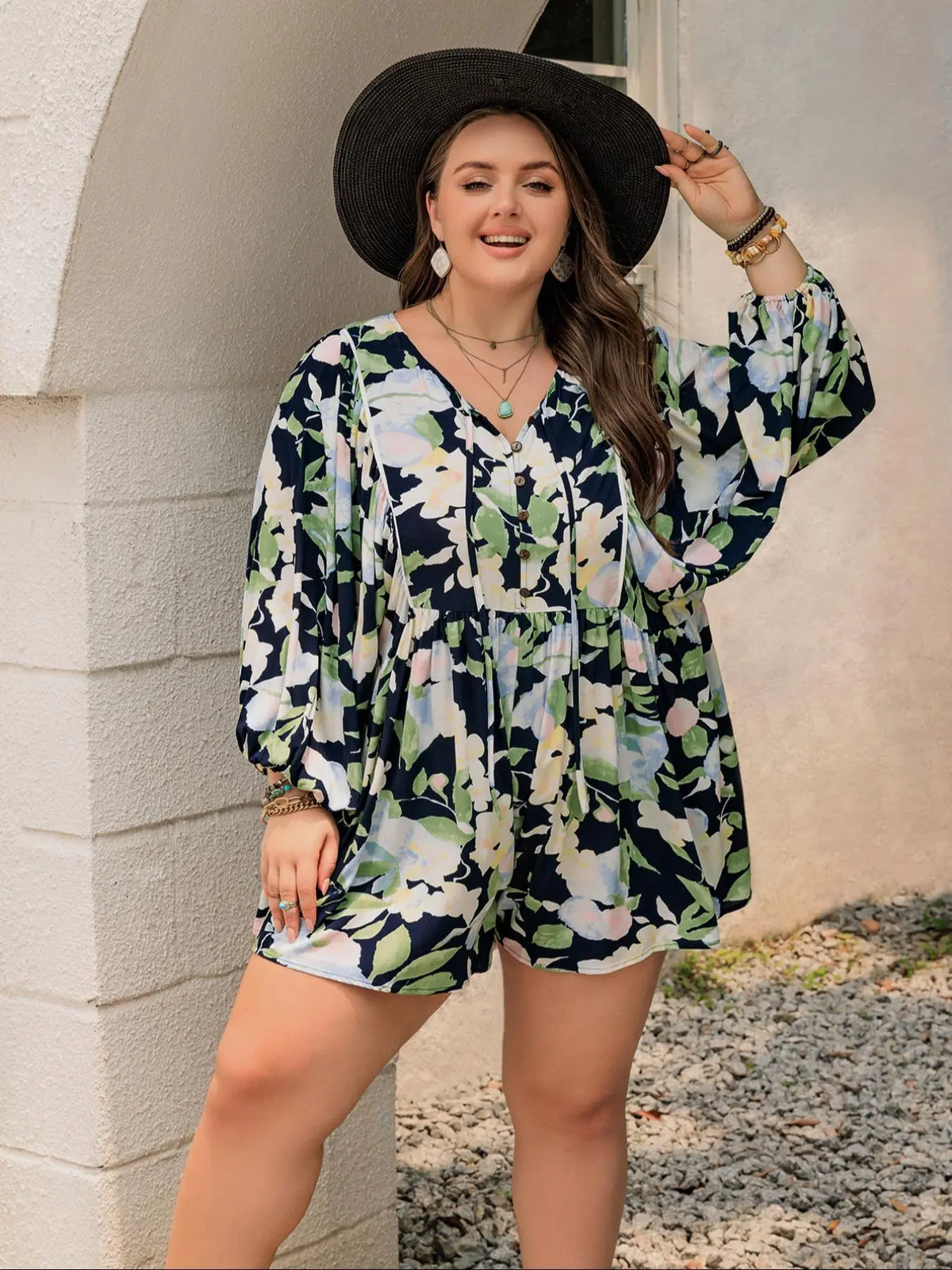 Plus Size Floral Print Fake Buttons Romper, Boho Tie Neck Lantern Sleeve Tie Waist Jumpsuit, Women's Clothes for Beach Vacation Holiday