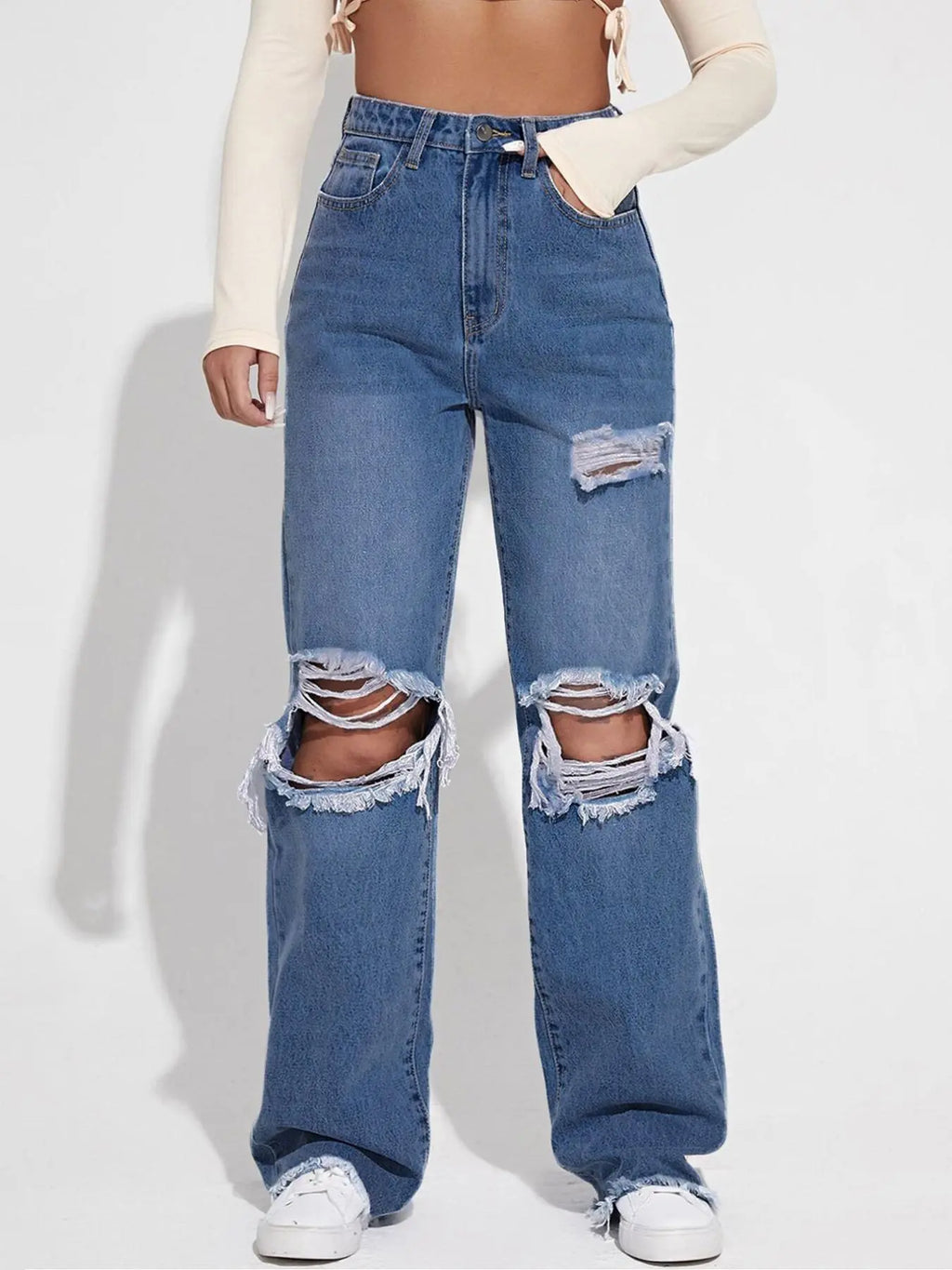 Women's Plain Ripped Jeans, Casual Comfy Pocket Design Frayed Edge Design High Waist Loose Fit Oversized Jeans for Daily Wear, Ladies Bottoms for All Seasons, Baggy Pants, Everyday