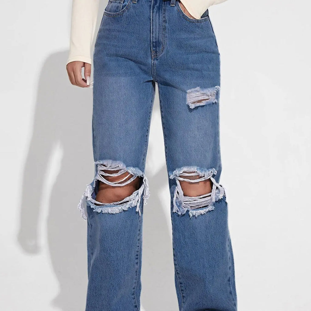 Women's Plain Ripped Jeans, Casual Comfy Pocket Design Frayed Edge Design High Waist Loose Fit Oversized Jeans for Daily Wear, Ladies Bottoms for All Seasons, Baggy Pants, Everyday