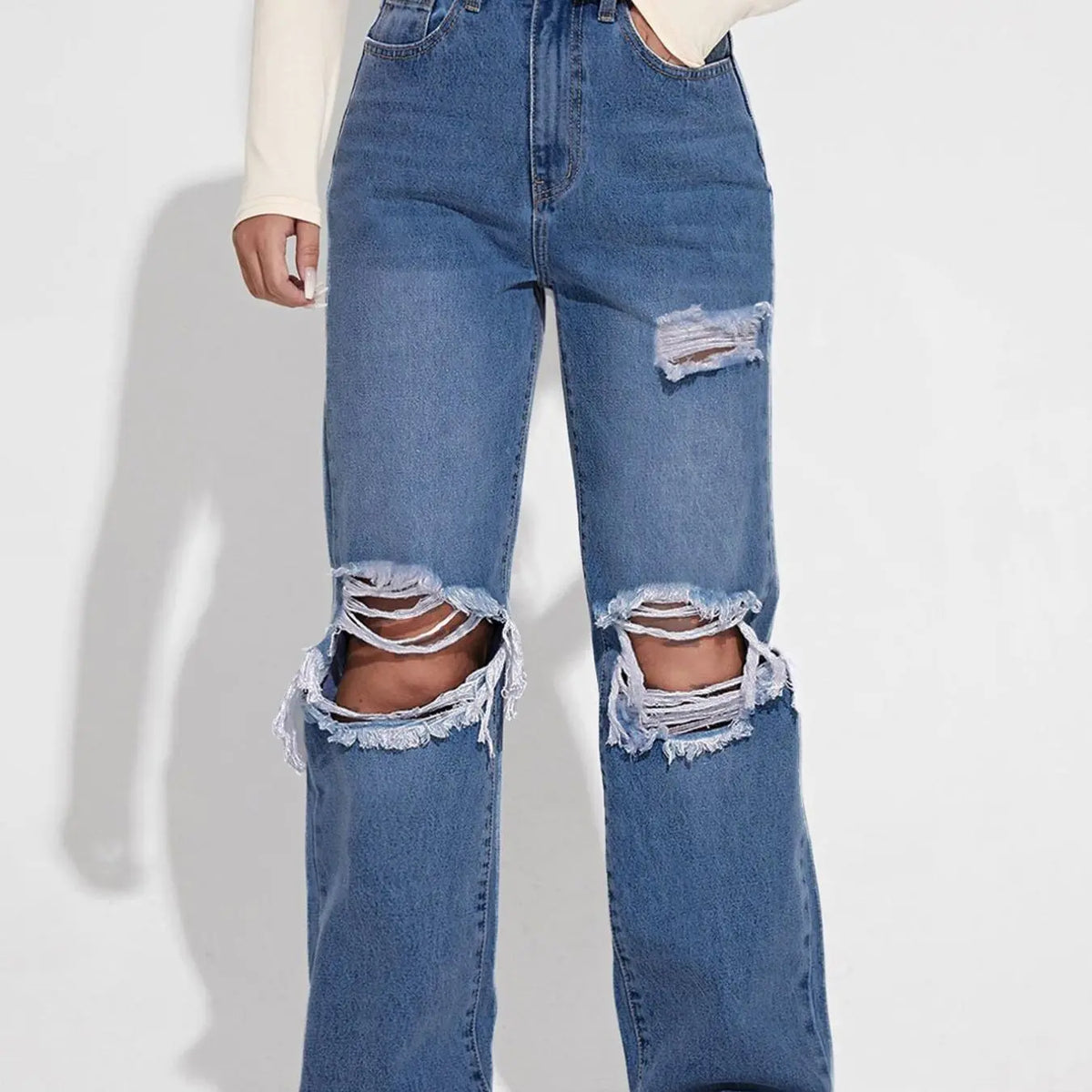 Women's Plain Ripped Jeans, Casual Comfy Pocket Design Frayed Edge Design High Waist Loose Fit Oversized Jeans for Daily Wear, Ladies Bottoms for All Seasons, Baggy Pants, Everyday