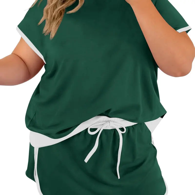 TANKANEO Women's Plus-Size 2-Piece Polyester Shorts Set, Lightweight Short-Sleeve Color Block Shirt & Adjustable Skort, Comfortable Fit Casual Matching Set