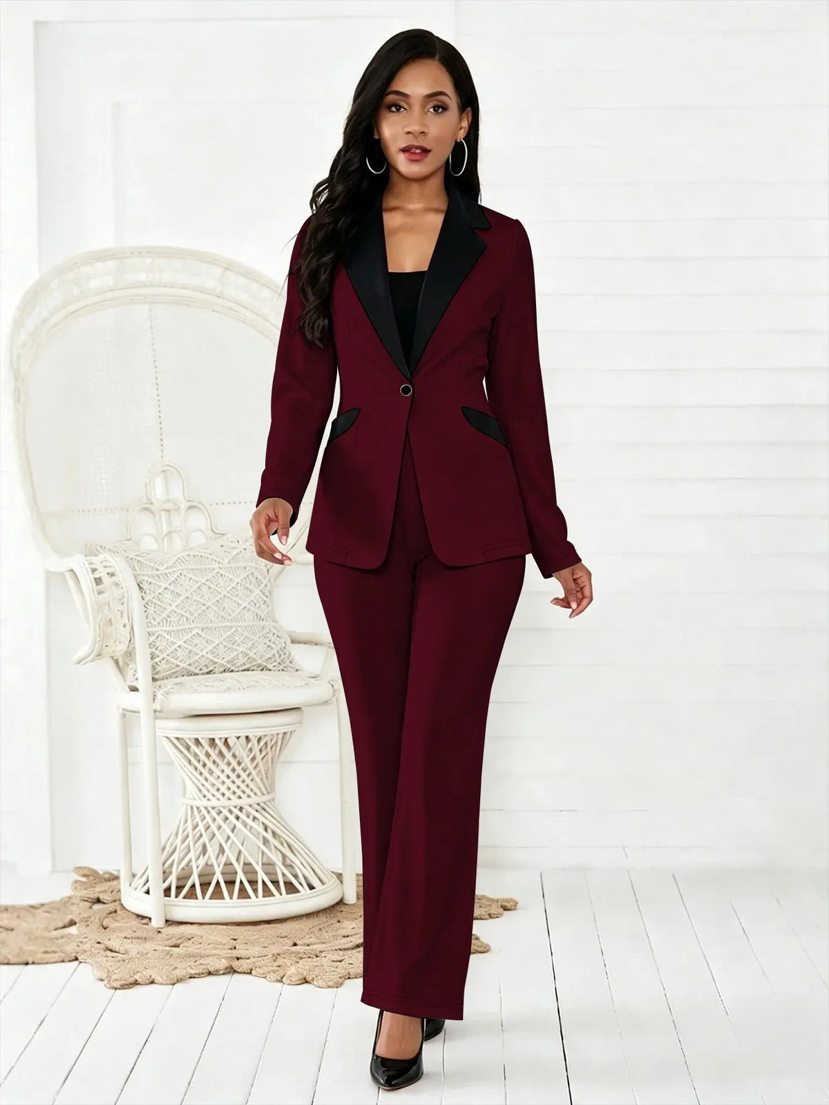 Women's Colorblock Blazer & Straight Leg Pants Set, Elegant Two-piece Set for Work Office Wear Essential Business Attire, Ladies' Suits for All Seasons