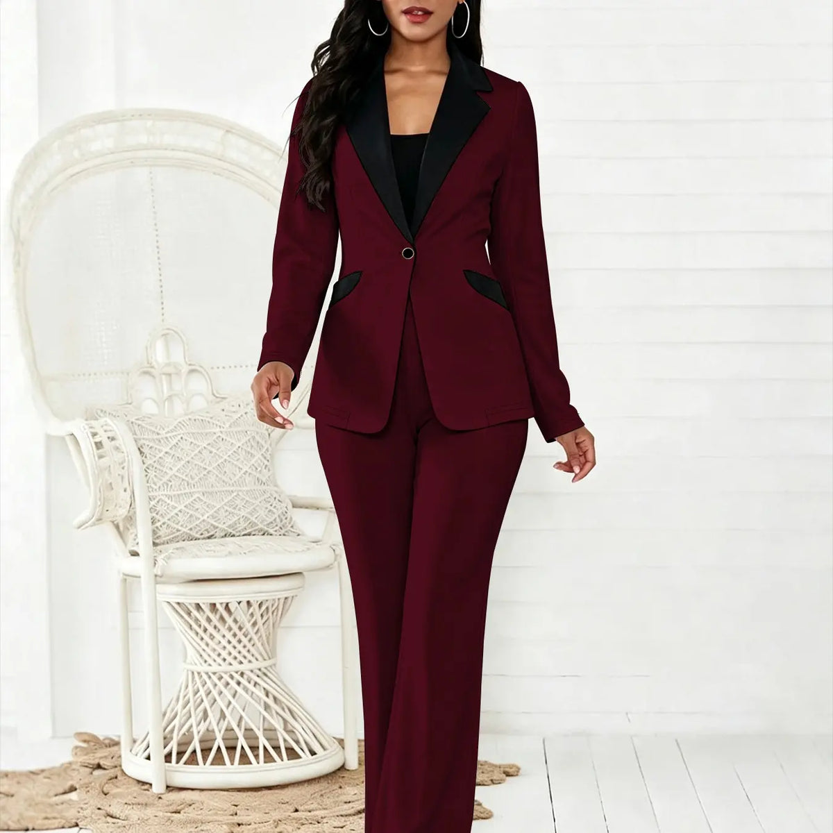 Women's Colorblock Blazer & Straight Leg Pants Set, Elegant Two-piece Set for Work Office Wear Essential Business Attire, Ladies' Suits for All Seasons