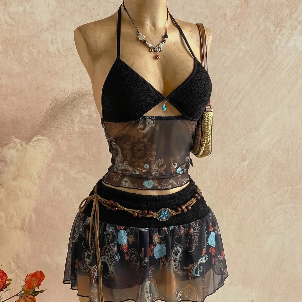 Women's Retro Vintage Paisley Print Crochet Two-Piece Set, Bohemian Boho Halter Crop Top & Ruffled Midi Skirt with Mesh Detail, Y2K Ethnic Style, for Casual, Vacation & Date, Spring/Summer/Fall